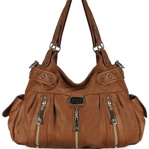 Scarleton 3 front zipper washed shoulder bag BROWN